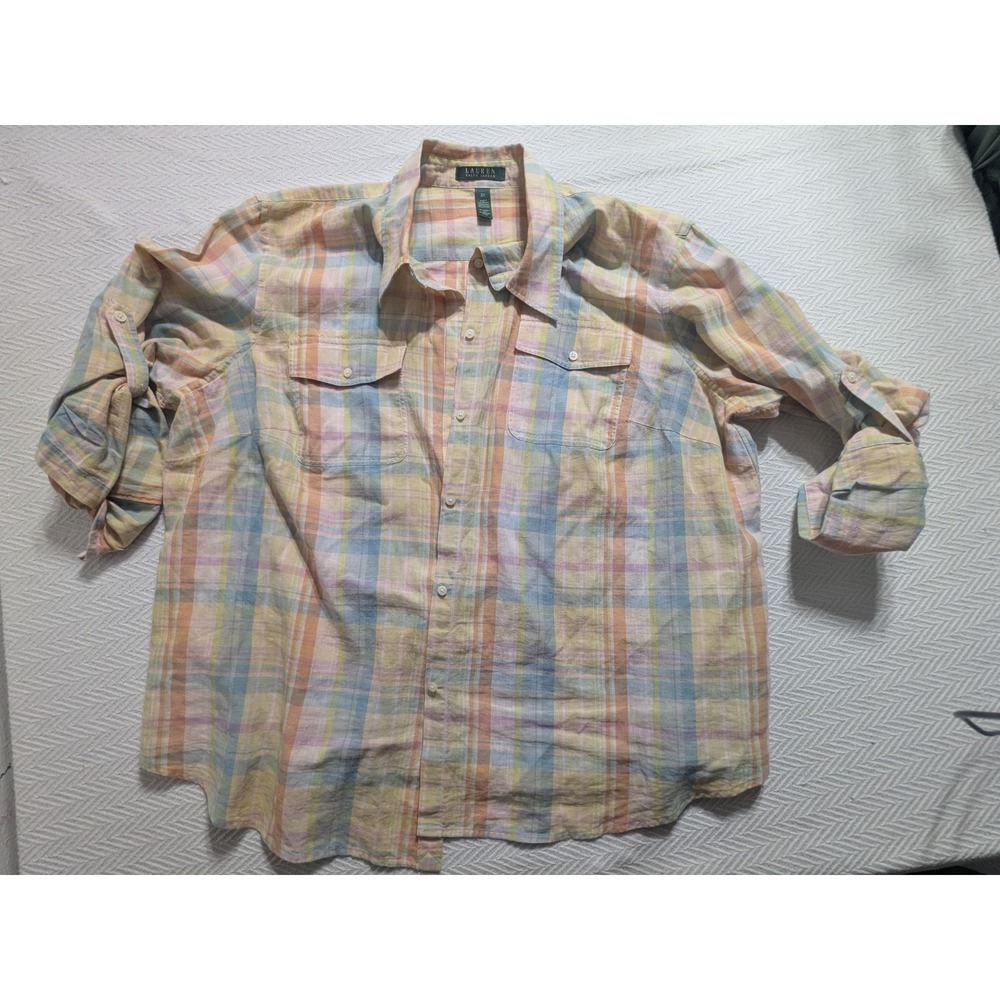 Lauren Ralph Lauren Shirt Womens 3X Pastel Plaid Linen Cotton Roll Tab - Picture 4 of 16